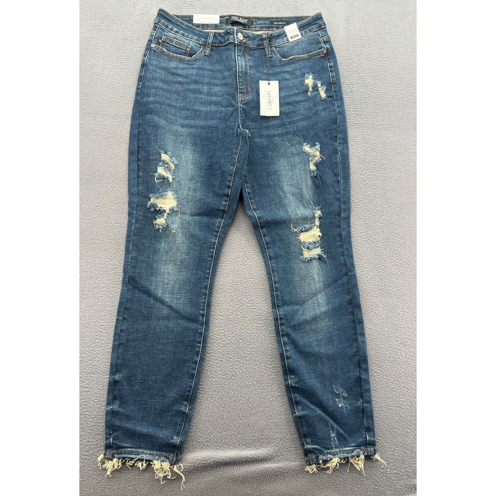 Judy Blue Jeans Womens 32 Dark Wash Distressed Relaxed Fit Midrise Raw Hem